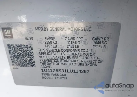 2020 Chevrolet Impala Fwd Lt from USA, damaged, VIN 1G11Z5S31LU114397